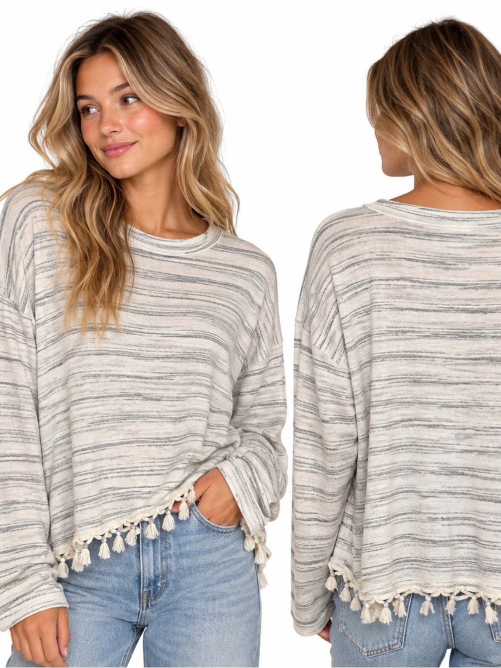 Blu Pepper White & Gray Striped Long Sleeve Fringe Hem knit Sweater Top